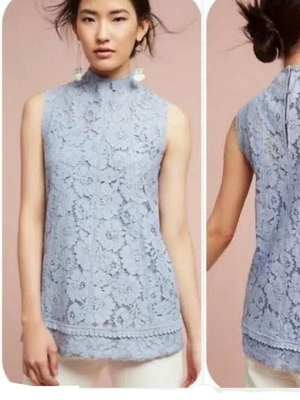 Anthropologie Maeve High Neck Lace Flutter Top Emilie Lace Tank Blue